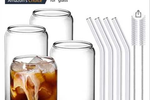 NETANY Drinking Glasses with Glass Straw 4pcs Set - 16oz Highball Glass Cups, Beer Glasses, Iced..
